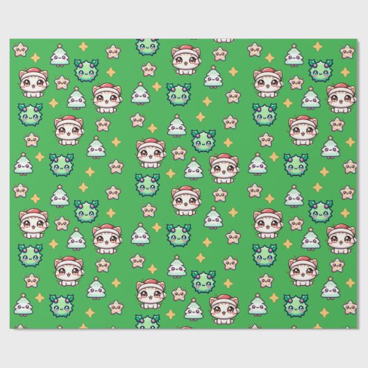 Kawaii Christmas Cats & Stars inpakpapier (Vlak)