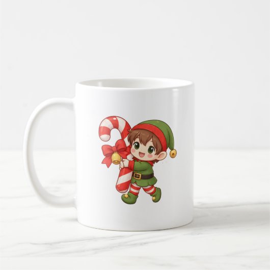 Kawaii Christmas Elf Mug with Candy Cane Koffiemok (Links)