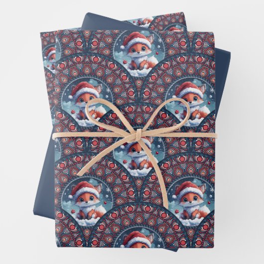 Kawaii Christmas Fox Art Deco Dot Mandala Scallops Inpakpapier Vel (In situ)