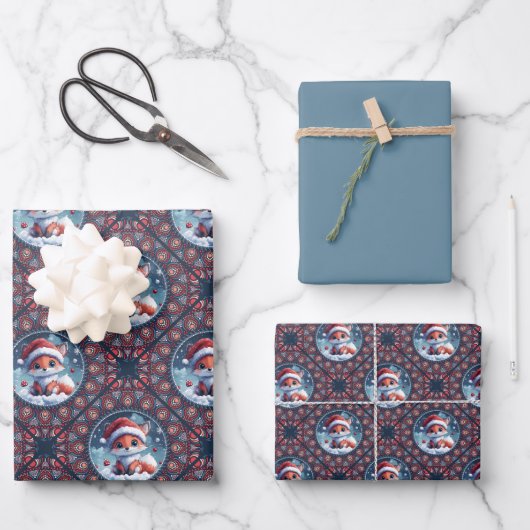 Kawaii Christmas Fox Dot Mandala Diamond Tegel Inpakpapier Vel (Voorkant)