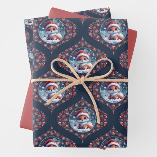 Kawaii Christmas Fox Dot Mandala Ogee Damask Inpakpapier Vel (In situ)