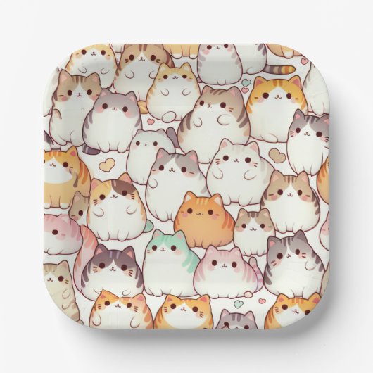 Kawaii Chubby Cartoon Katten met Harten Papieren Bordje (Voorkant)