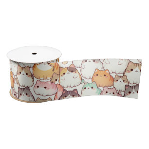 Kawaii Chubby Cartoon Katten met Harten Satijnen Lint