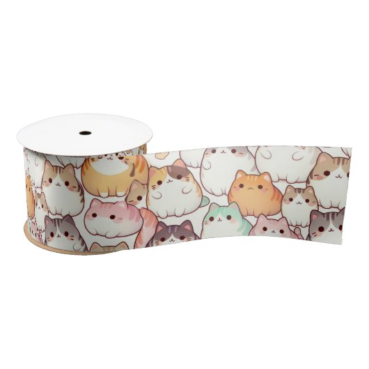 Kawaii Chubby Cartoon Katten met Harten Satijnen Lint (Spoel)