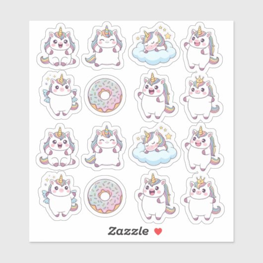 Kawaii Chubby Unicorn & Donut Sticker Blad – Schat (Vel)