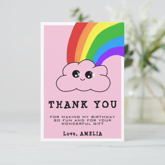 Kawaii Cloud Rainbow Girly Pink kinderen Birthday Bedankkaart (Staand voorkant)