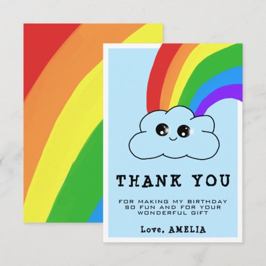 Kawaii Cloud Rainbow Kids Birthday Bedankkaart (Voorkant / Achterkant)