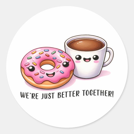 Kawaii Coffee and Donut Better Together Pattern Ronde Sticker (Voorkant)