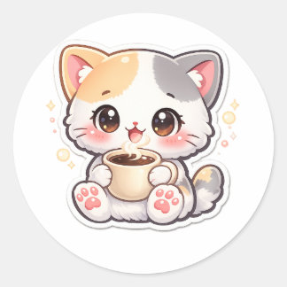 Kawaii Coffee Kitten Ronde Sticker - Mooie Kat Och