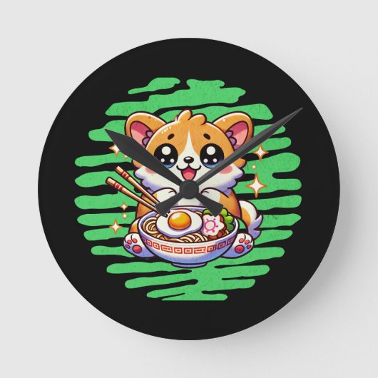 Kawaii Corgi eet kom van Ramen Ronde Klok (Voorkant)