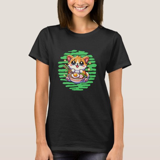 Kawaii Corgi eet kom van Ramen T-shirt (Voorkant)
