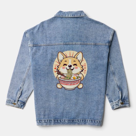 Kawaii Corgi Eten Ramen – Schattigee Anime Hondenv Denim Jacket (Achterkant)