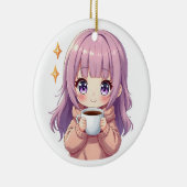 Kawaii Cozy Coffee Girl – Pastel Aesthetic sticker Keramisch Ornament (Rechts)