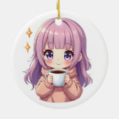 Kawaii Cozy Coffee Girl – Pastel Aesthetic sticker Keramisch Ornament (Achterkant)