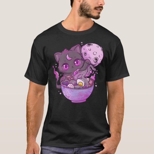 Kawaii Creepy Cat Eating Ramen Noodles Pastel Goth T-shirt (Voorkant)