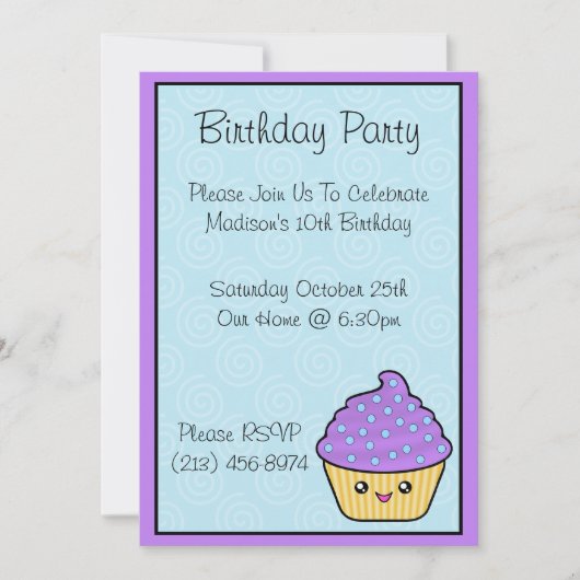 Kawaii Cupcake Birthday Party Kaart (Voorkant)