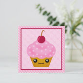 Kawaii Cupcake Cherry Birthday Party Kaart (Staand voorkant)