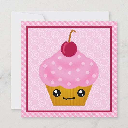 Kawaii Cupcake Cherry Birthday Party Kaart (Voorkant)