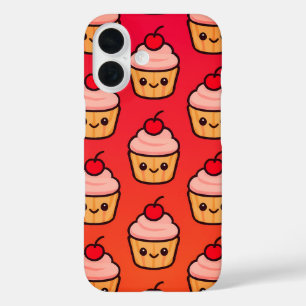 Kawaii Cupcake Grid met lachende gezichten en kers iPhone 16 Hoesje