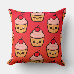 Kawaii Cupcake Grid met lachende gezichten en kers Kussen