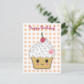 Kawaii Cupcake in Polka Dots "Happy Birthday" Briefkaart (Staand voorkant)