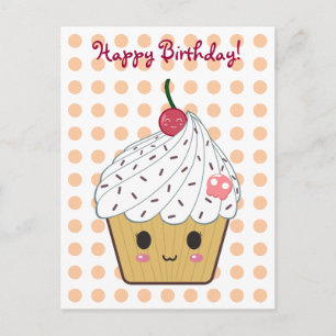 Kawaii Cupcake in Polka Dots "Happy Birthday" Briefkaart