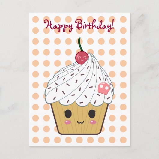 Kawaii Cupcake in Polka Dots "Happy Birthday" Briefkaart (Voorkant)