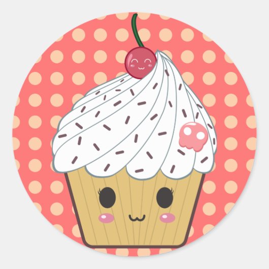 Kawaii Cupcake in Polka Dots Ronde Sticker (Voorkant)