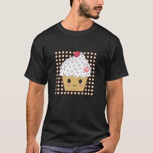 Kawaii Cupcake in Polka Dots T-shirt (Voorkant)