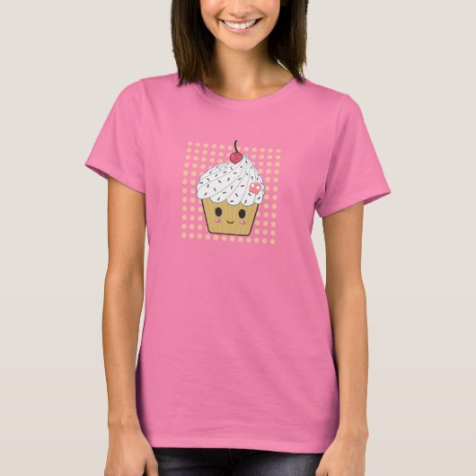 Kawaii Cupcake in Polka Dots T-shirt (Voorkant)