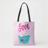 Kawaii Cupcake Love Pink Blauwgroen Stripe Cute Gi Tote Bag (Voorkant)