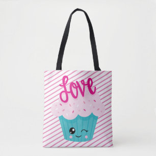 Kawaii Cupcake Love Pink Blauwgroen Stripe Cute Gi Tote Bag