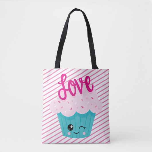 Kawaii Cupcake Love Pink Blauwgroen Stripe Cute Gi Tote Bag (Voorkant)