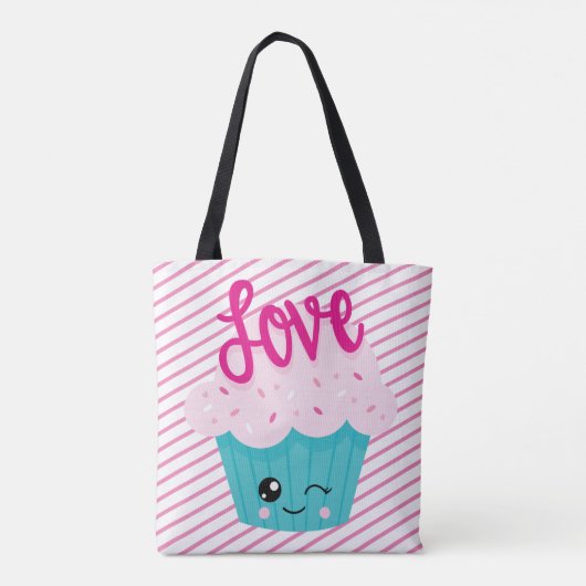 Kawaii Cupcake Love Pink Blauwgroen Stripe Cute Gi Tote Bag (Achterkant)