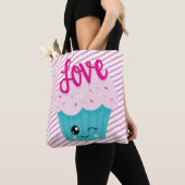 Kawaii Cupcake Love Pink Blauwgroen Stripe Cute Gi Tote Bag (Dichtbij)