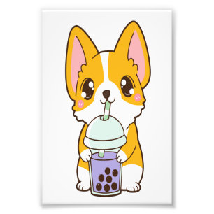 Kawaii Cute Boba Corgi Dog Taro Bubble Pearl Milk Foto Afdruk