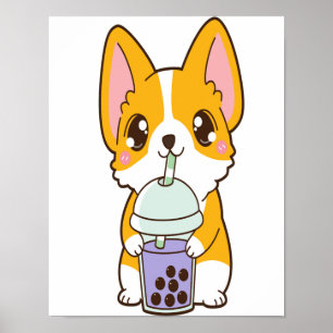 Kawaii Cute Boba Corgi Dog Taro Bubble Pearl Milk Poster