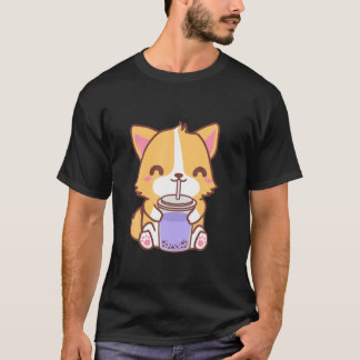 Kawaii Cute Boba Corgi Dog Taro Bubble Pearl Milk T-shirt