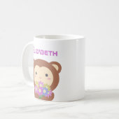 Kawaii Cute Cartoon Monkey Paarse Pink Flowers Koffiemok (Voorkant links)
