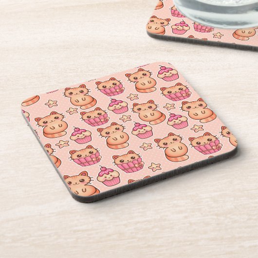 Kawaii Cute Cats and Cupcakes Pink Pattern Bier Onderzetter (Linkerzijde)