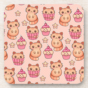 Kawaii Cute Cats and Cupcakes Pink Pattern Bier Onderzetter