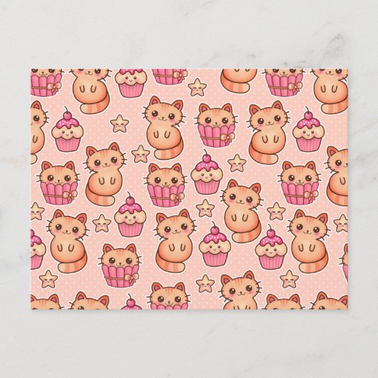 Kawaii Cute Cats and Cupcakes Pink Pattern Briefkaart (Voorkant)