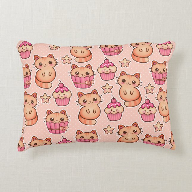 Kawaii Cute Cats and Cupcakes Pink Pattern Decoratief Kussen (Voorkant)