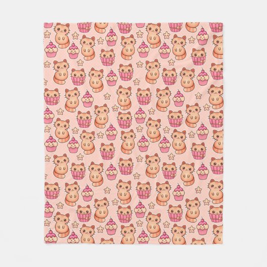 Kawaii Cute Cats and Cupcakes Pink Pattern Fleece Deken (Voorkant)
