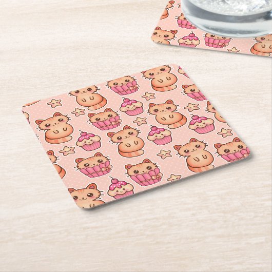 Kawaii Cute Cats and Cupcakes Pink Pattern Kartonnen Onderzetters (Schuin)
