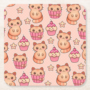 Kawaii Cute Cats and Cupcakes Pink Pattern Kartonnen Onderzetters