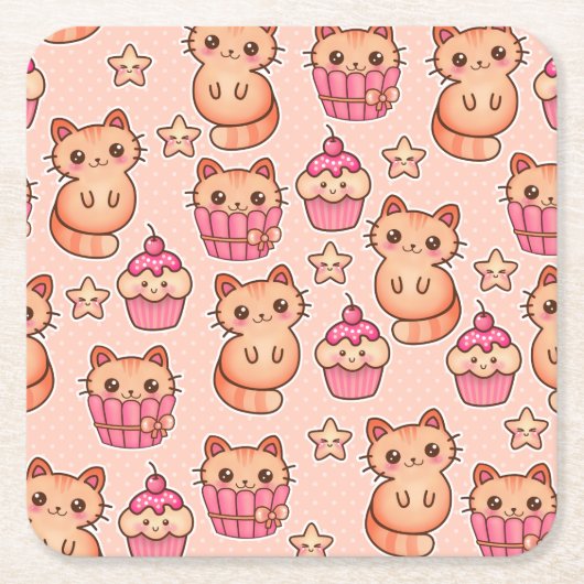 Kawaii Cute Cats and Cupcakes Pink Pattern Kartonnen Onderzetters (Voorkant)