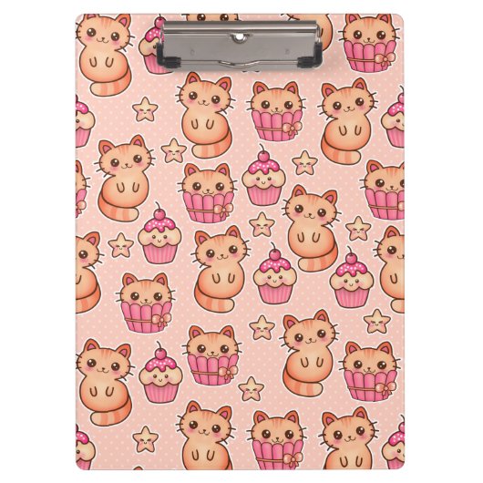 Kawaii Cute Cats and Cupcakes Pink Pattern Klembord (Voorkant)