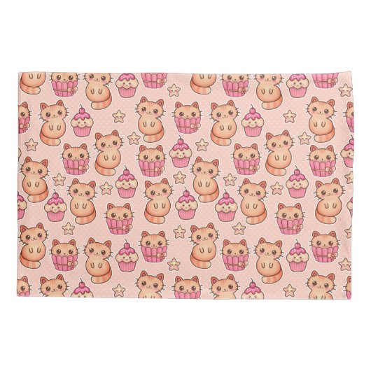Kawaii Cute Cats and Cupcakes Pink Pattern Kussensloop (Achterkant)