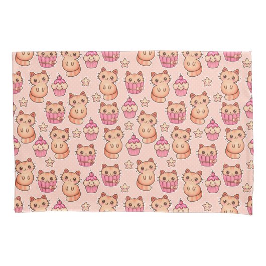 Kawaii Cute Cats and Cupcakes Pink Pattern Kussensloop (Voorkant)